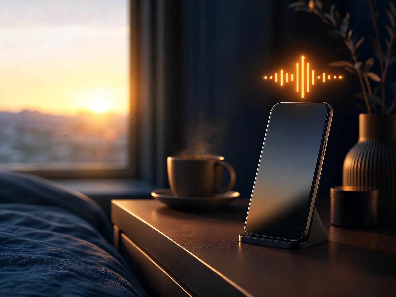 Warm bedroom at dawn with a phone ready for a wake-up call